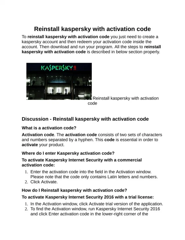 reinstall kaspersky with activation code