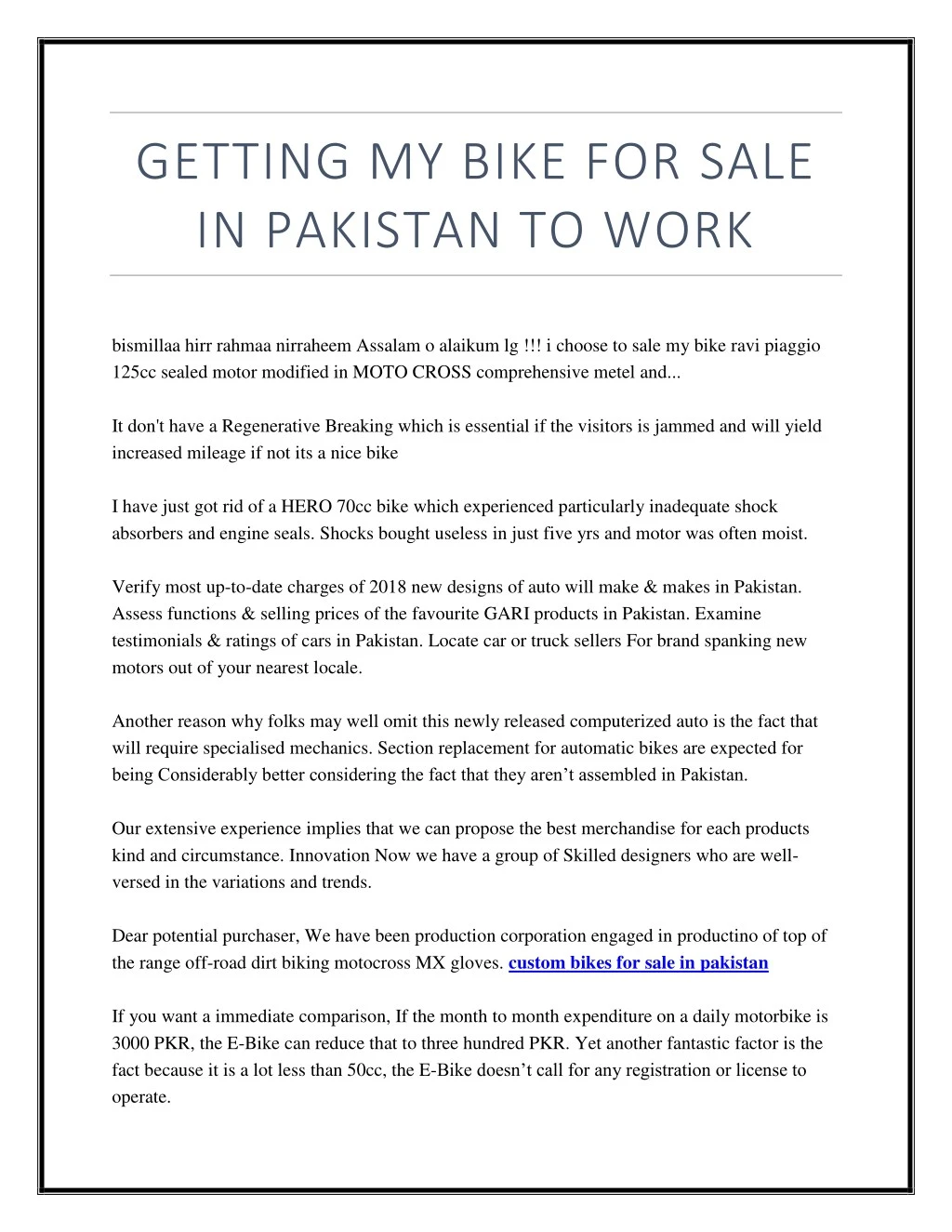 getting my bike for sale in pakistan to work