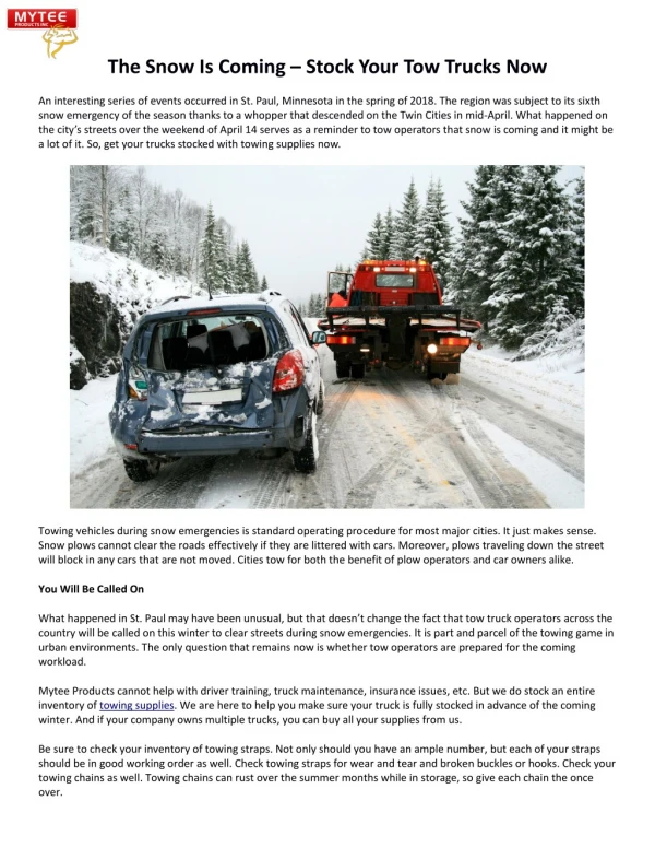 The Snow Is Coming – Stock Your Tow Trucks Now