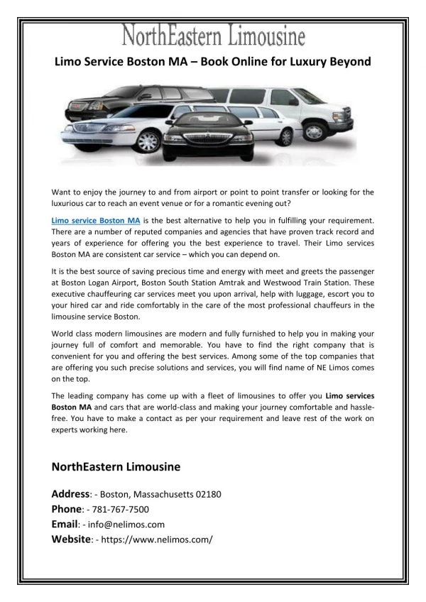 Limo Service Boston MA – Book Online for Luxury Beyond
