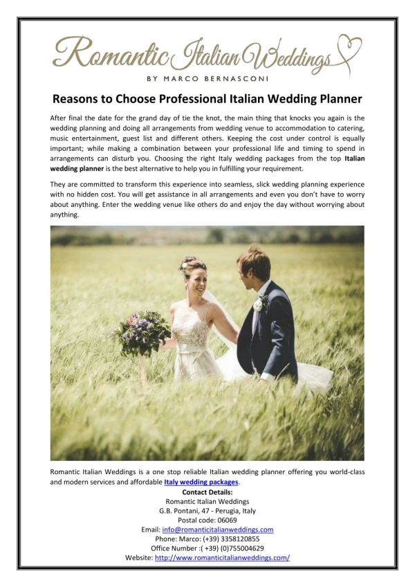 Reasons to Choose Professional Italian Wedding Planner