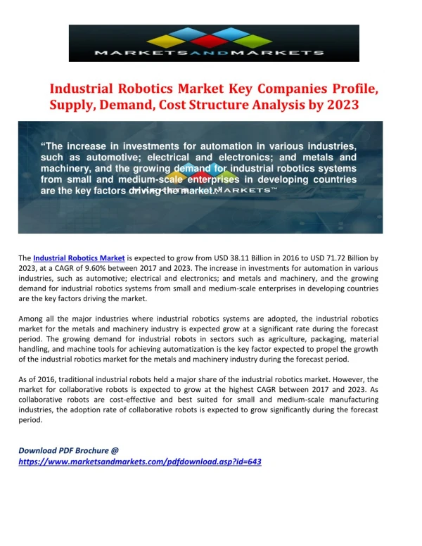 Industrial Robotics Market Key Companies Profile, Supply, Demand, Cost Structure Analysis by 2023