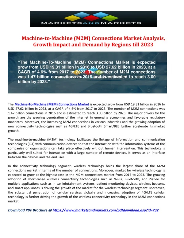 Machine-to-Machine (M2M) Connections Market Analysis, Growth Impact and Demand by Regions till 2023