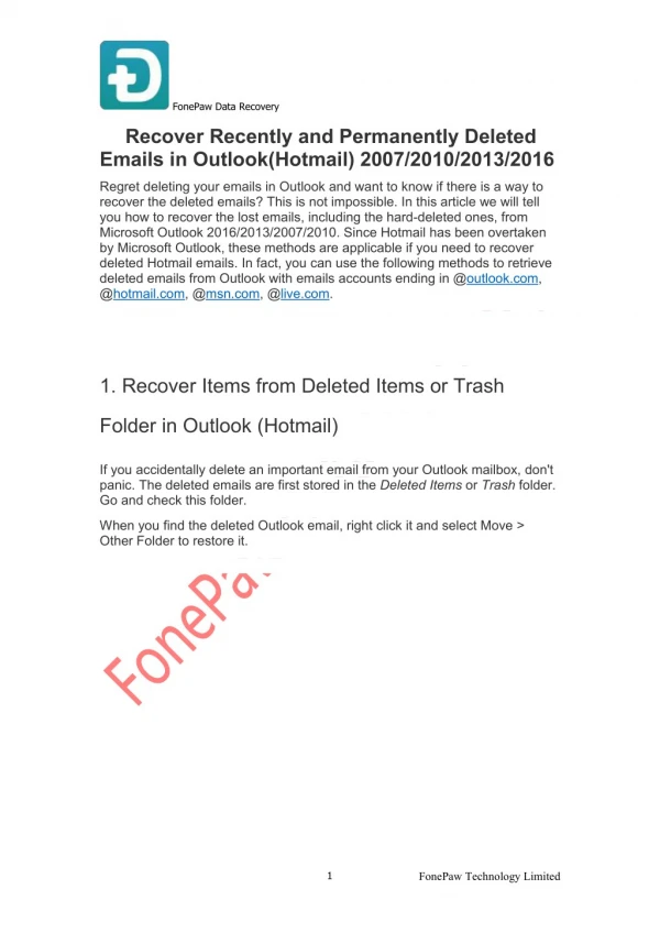 Recover Recently and Permanently Deleted Emails in Outlook(Hotmail) 2007/2010/2013/2016