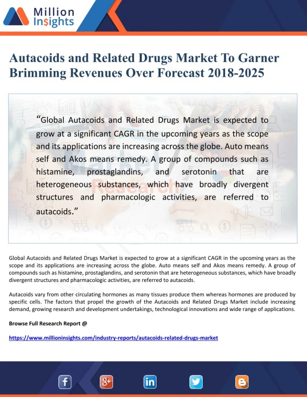 Autacoids and Related Drugs Market To Garner Brimming Revenues Over Forecast 2018-2025