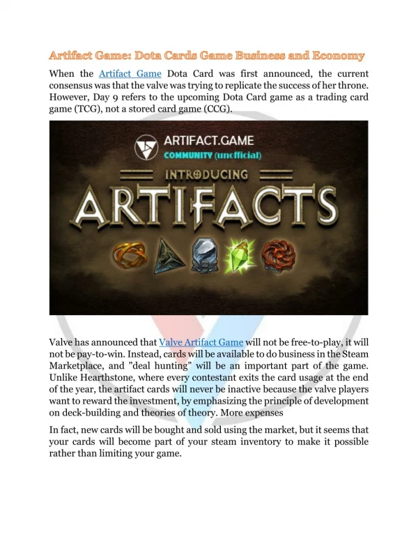 Artifact Game: Dota Cards Game Business and Economy