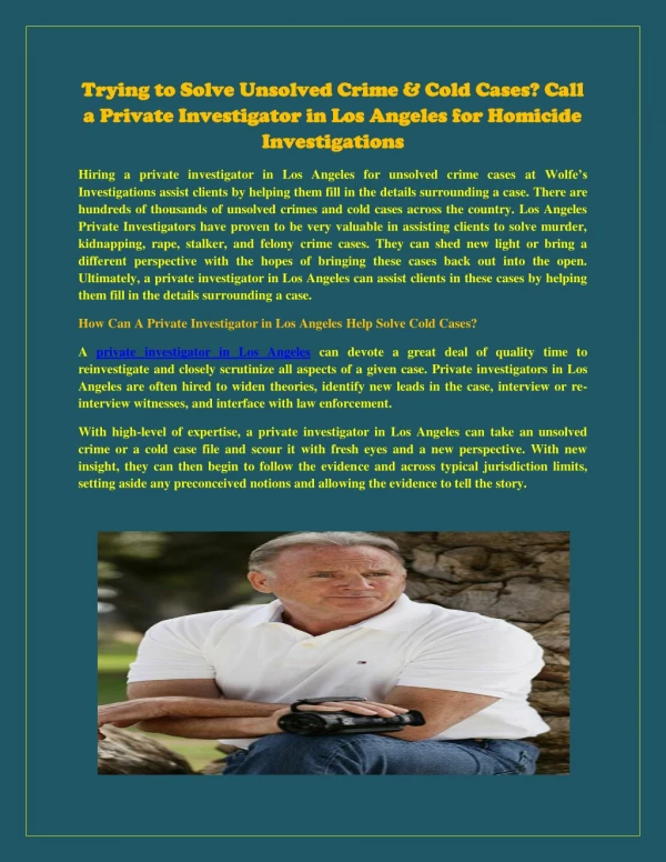 Trying to Solve Unsolved Crime & Cold Cases? Call a Private Investigator in Los Angeles for Homicide Investigations