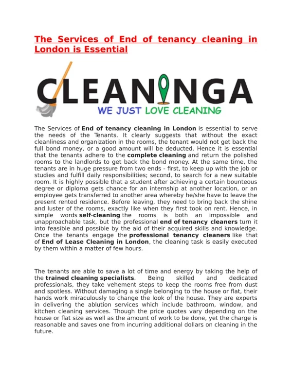 The Services of End of tenancy cleaning in London is Essential