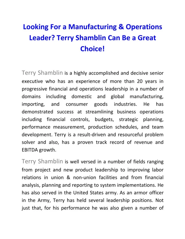 Looking For a Manufacturing & Operations Leader? Terry Shamblin Can Be a Great Choice!