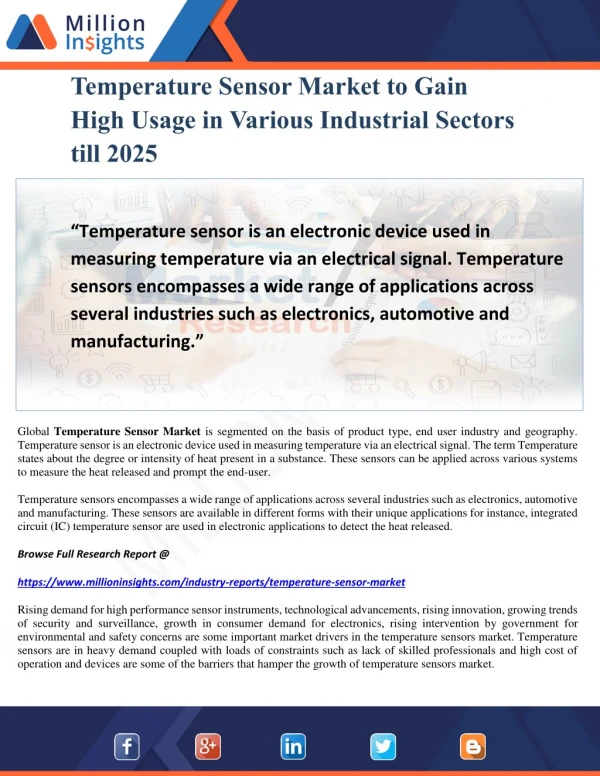 Temperature Sensor Market to Gain High Usage in Various Industrial Sectors till 2025