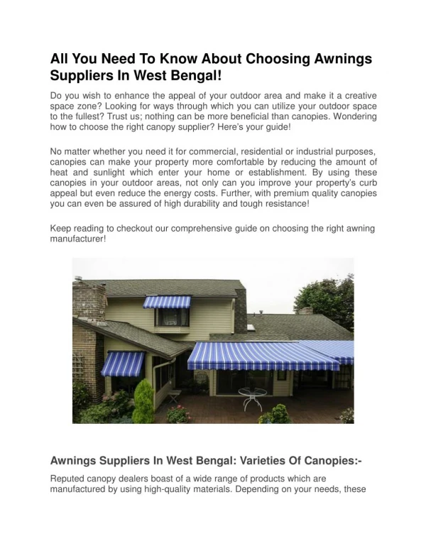 All You Need To Know About Choosing Awnings Suppliers In West Bengal!