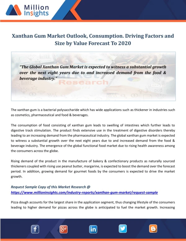 Xanthan gum market outlook, consumption. driving factors and size by value forecast to 2020