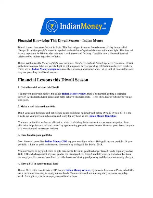 Financial Knowledge This Diwali Season – Indian Money