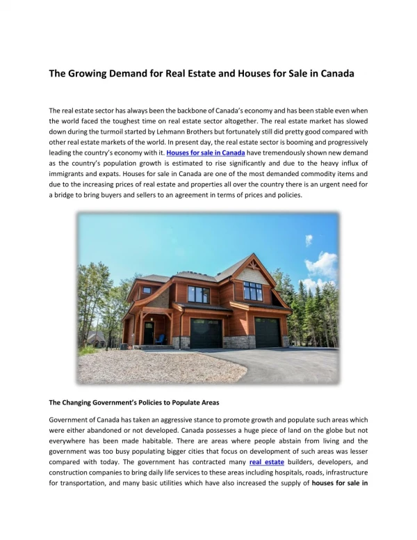 The Growing Demand for Real Estate and Houses for Sale in Canada
