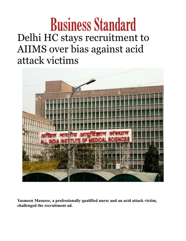 Delhi HC stays recruitment to AIIMS over bias against acid attack victims