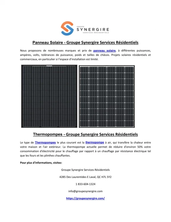 Panneau Solaire - Groupe Synergire Services Résidentiels