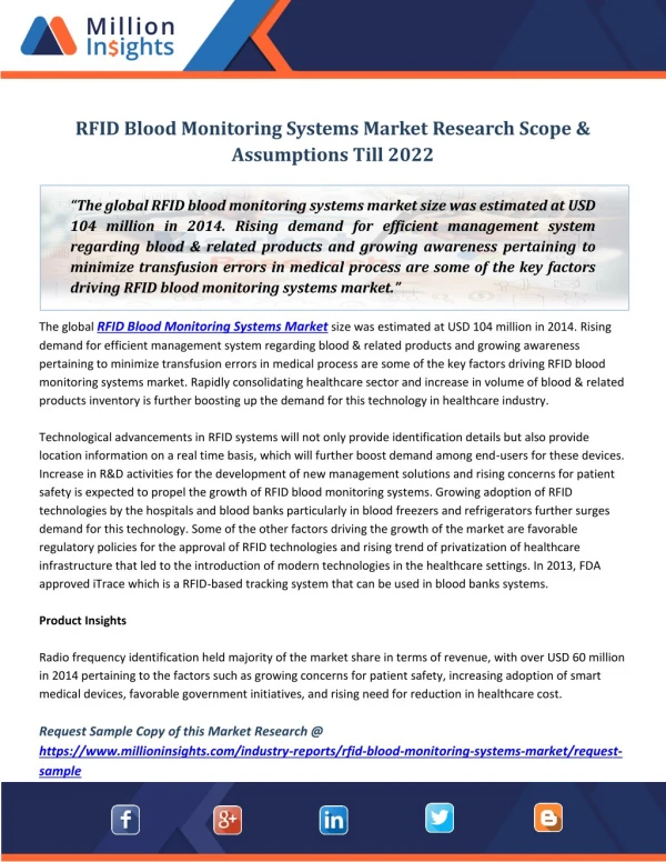 RFID Blood Monitoring Systems Market Research Scope & Assumptions Till 2022