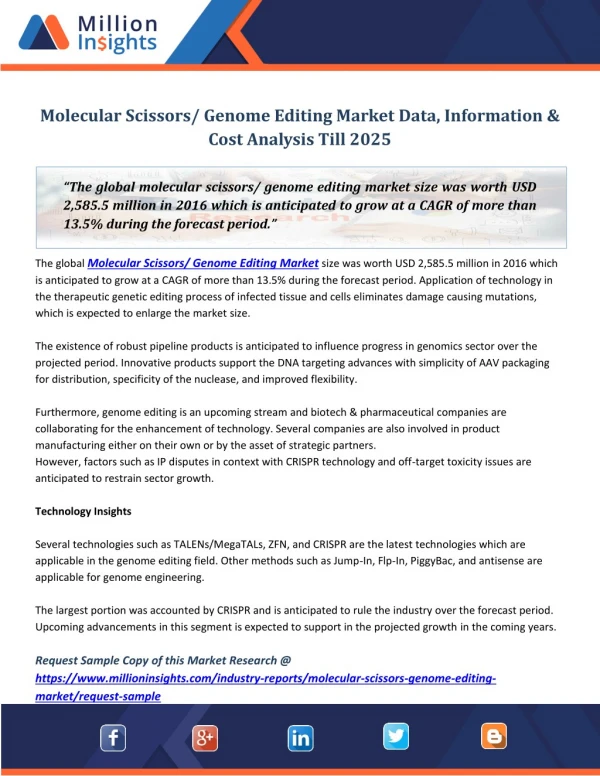 Molecular Scissors/ Genome Editing Market Data, Information & Cost Analysis Till 2025