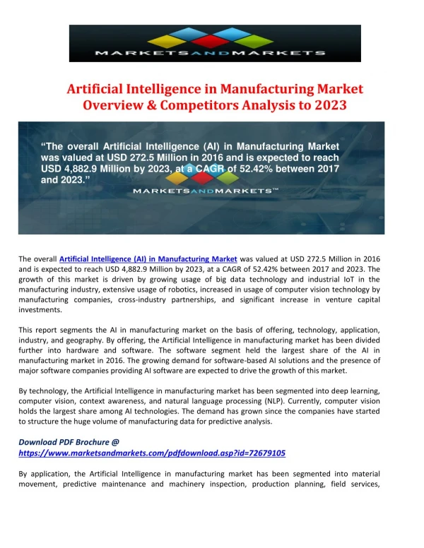 Artificial Intelligence in Manufacturing Market Overview & Competitors Analysis to 2023