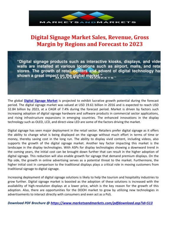 Digital Signage Market Sales, Revenue, Gross Margin by Regions and Forecast to 2023