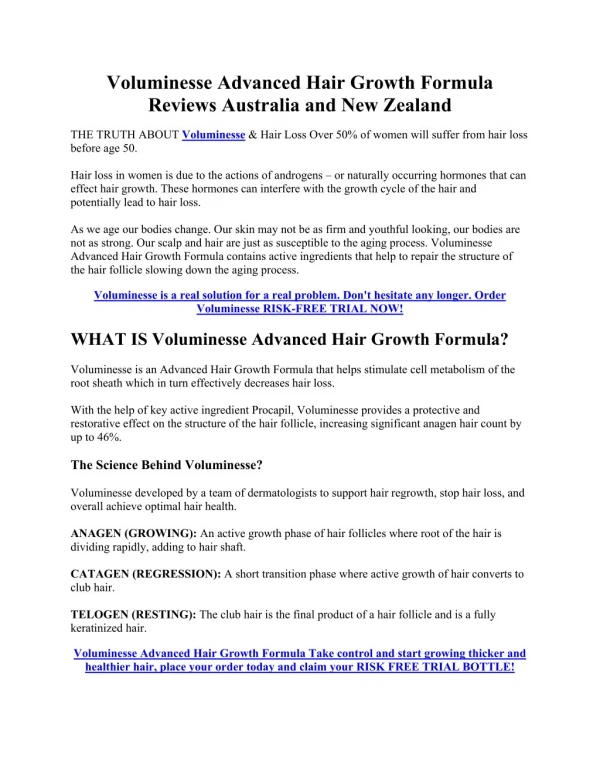 Voluminesse Advanced Hair Growth Formula Reviews Australia and New Zealand