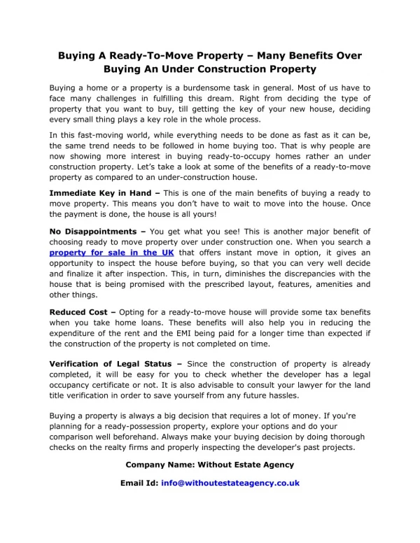 Buying A Ready-To-Move Property – Many Benefits Over Buying An Under Construction Property