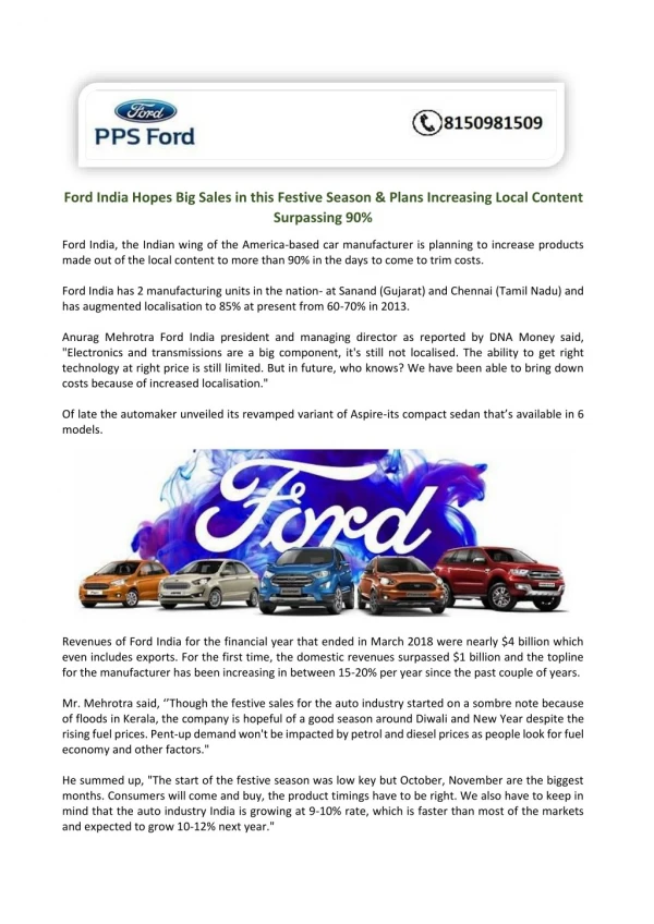 Ford India Hopes Big Sales in this Festive Season & Plans Increasing Local Content Surpassing 90%