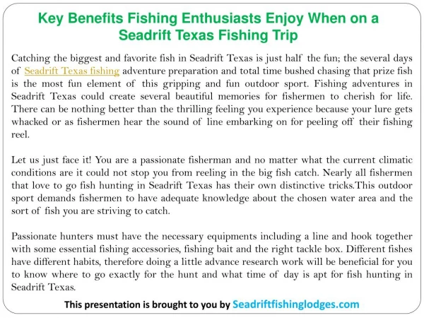 Key Benefits Fishing Enthusiasts Enjoy When on a Seadrift Texas Fishing Trip