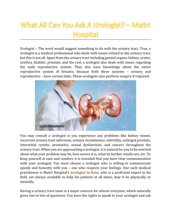 What All Can You Ask A Urologist? - Maitri Hospital