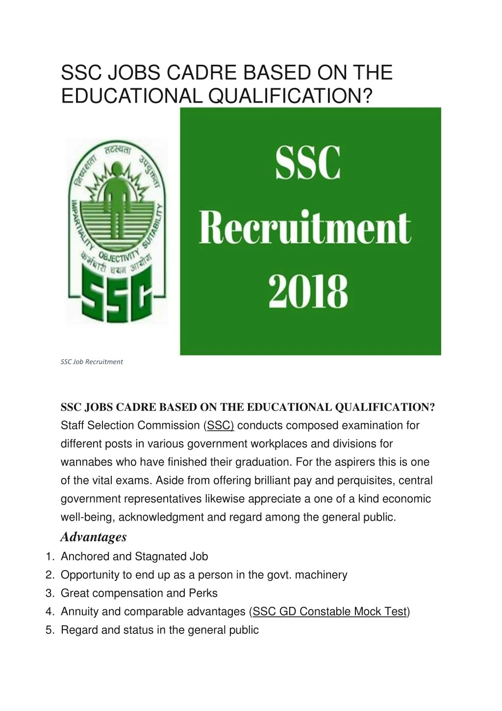 ssc jobs cadre based on the educational
