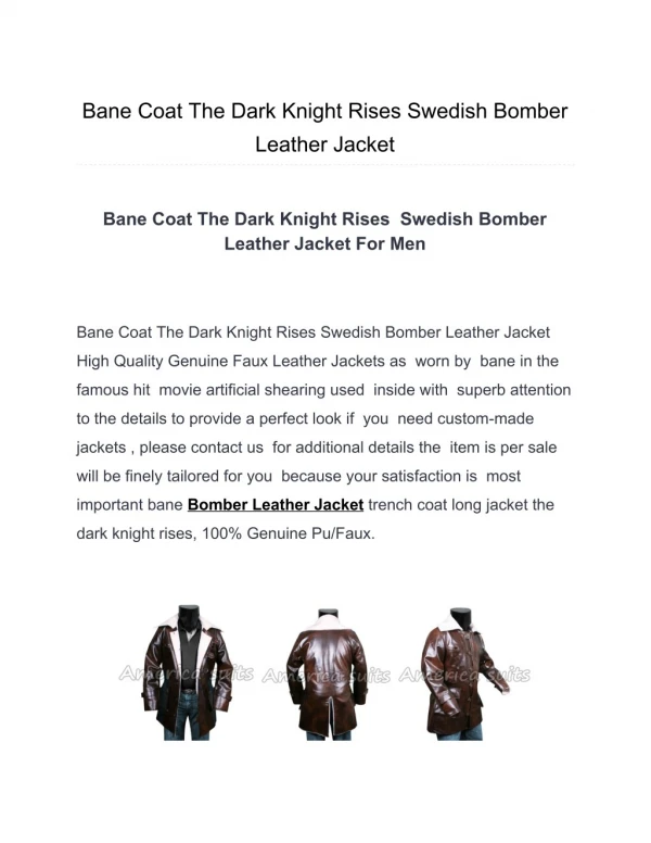 Bane Coat The Dark Knight Rises Swedish Bomber Leather Jacket