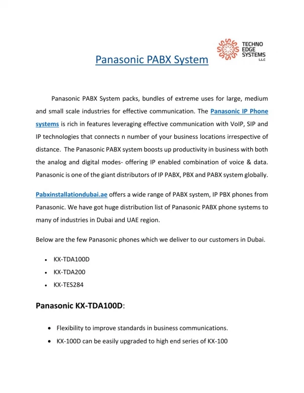 Find Panasonic IP Phones System in Dubai From pabxinstallationdubai.ae