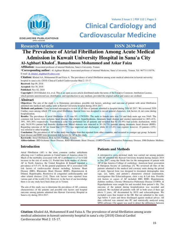 The Prevalence of Atrial Fibrillation Among Acute Medical Admission in Kuwait University Hospital in Sanaa City