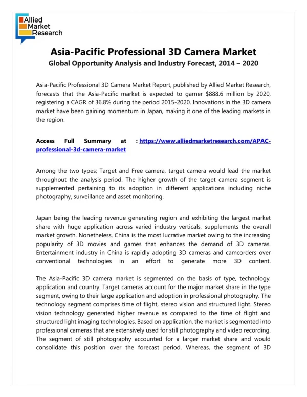 Asia-Pacific Professional 3D Camera Market by 2020 Analysis, Growth, Drivers