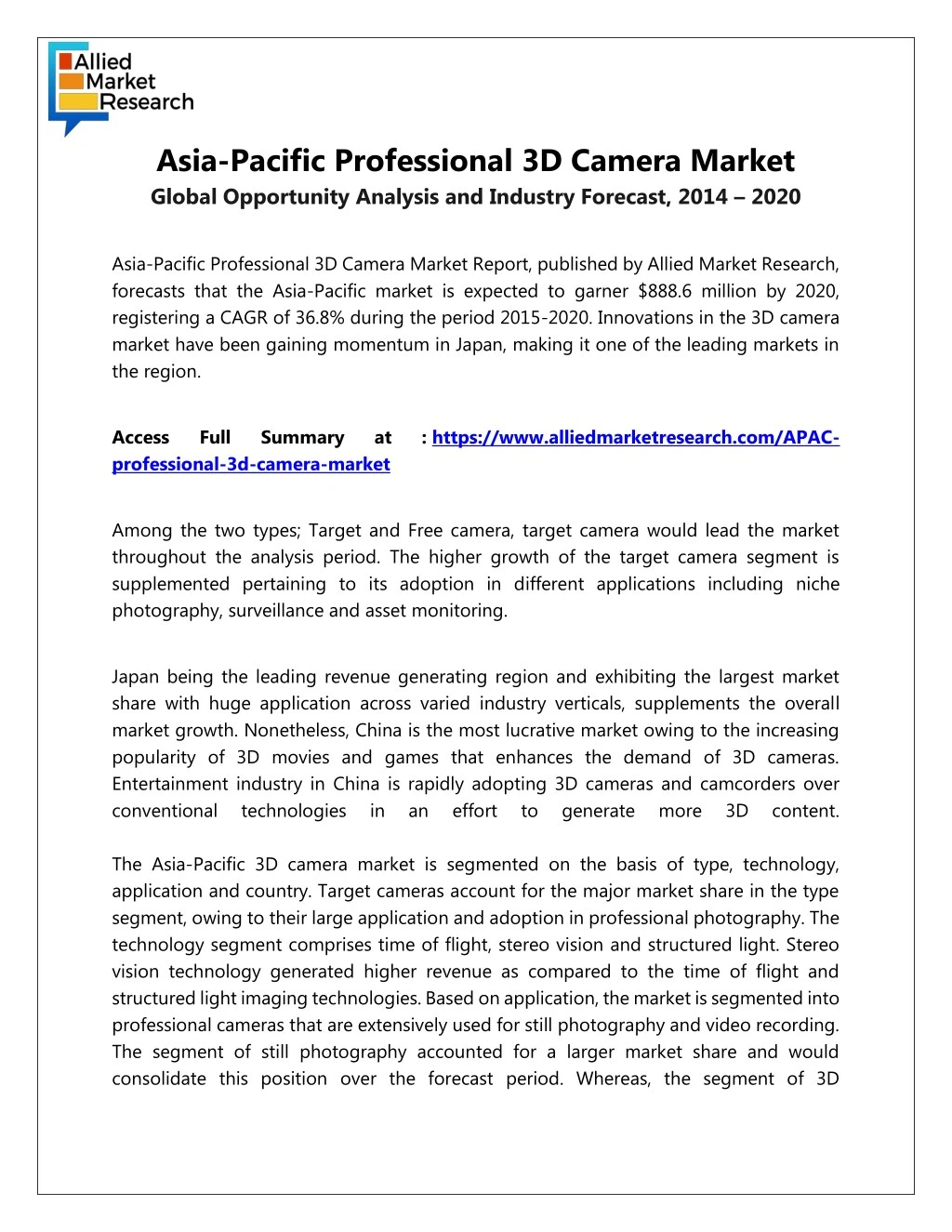 asia pacific professional 3d camera market global