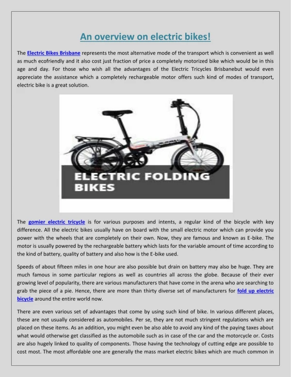 An overview on electric bikes