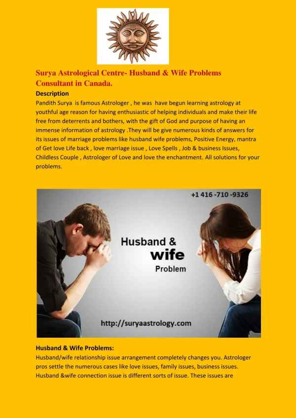 Surya Astrological Centre- Husband & Wife Problems Consultant in Canada.