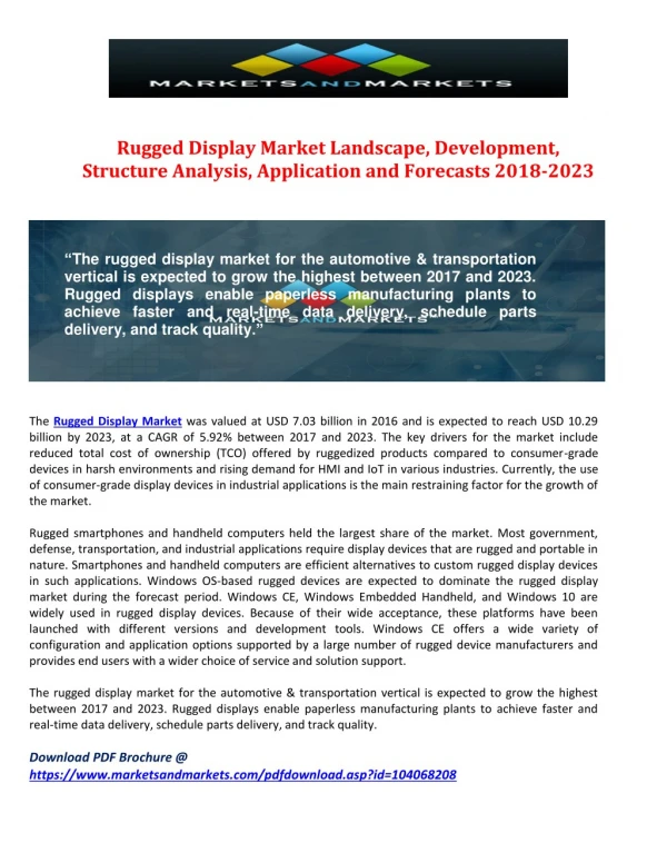 Rugged Display Market Landscape, Development, Structure Analysis, Application and Forecasts 2018-2023