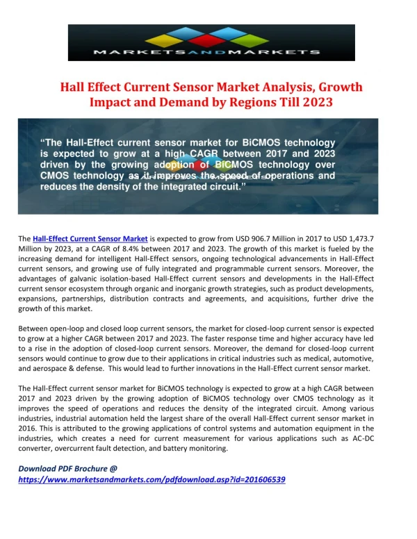 Hall Effect Current Sensor Market Analysis,Growth Impact and Demand by Regions Till 2023