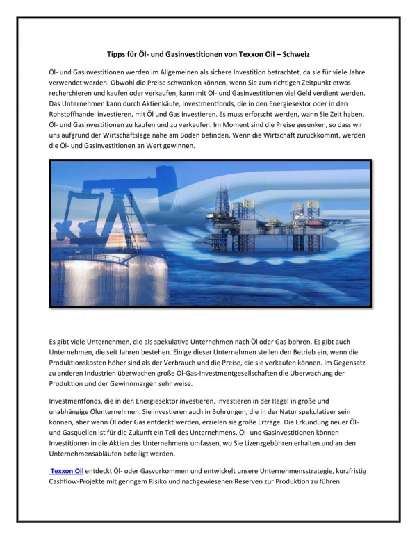 Tipps für Öl- und Gasinvestitionen von Texxon Oil – Schweiz