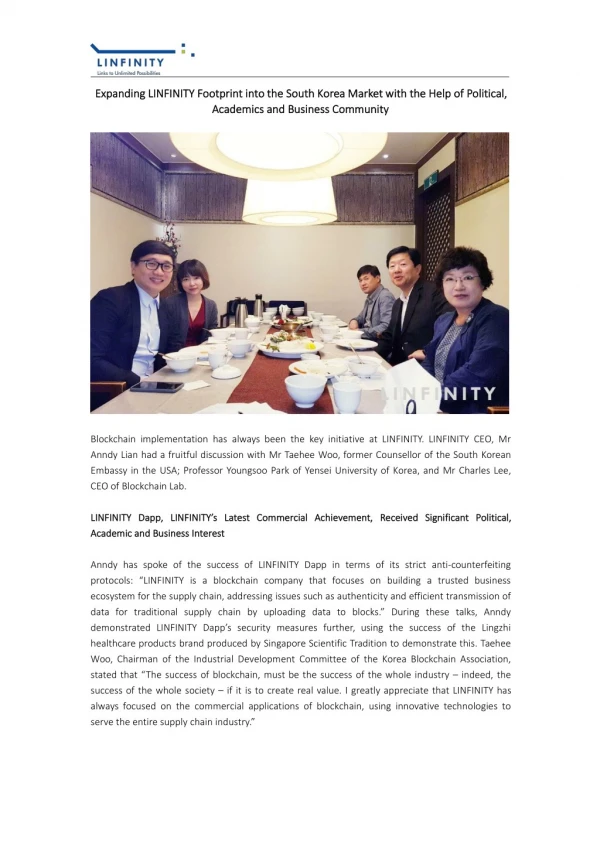 Expanding LINFINITY Footprint into the South Korea Market with the Help of Political, Academics and Business Community