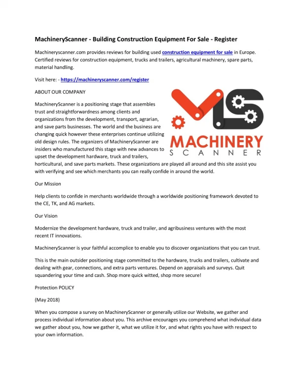 MachineryScanner - Building Construction Equipment For Sale - Register