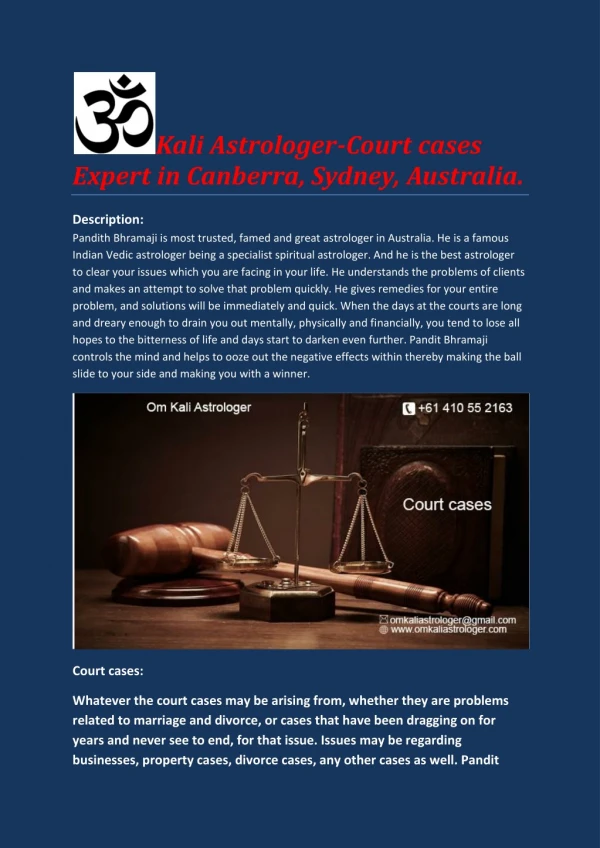 OmKali Astrologer-Court cases Expert in Canberra, Sydney, Australia.