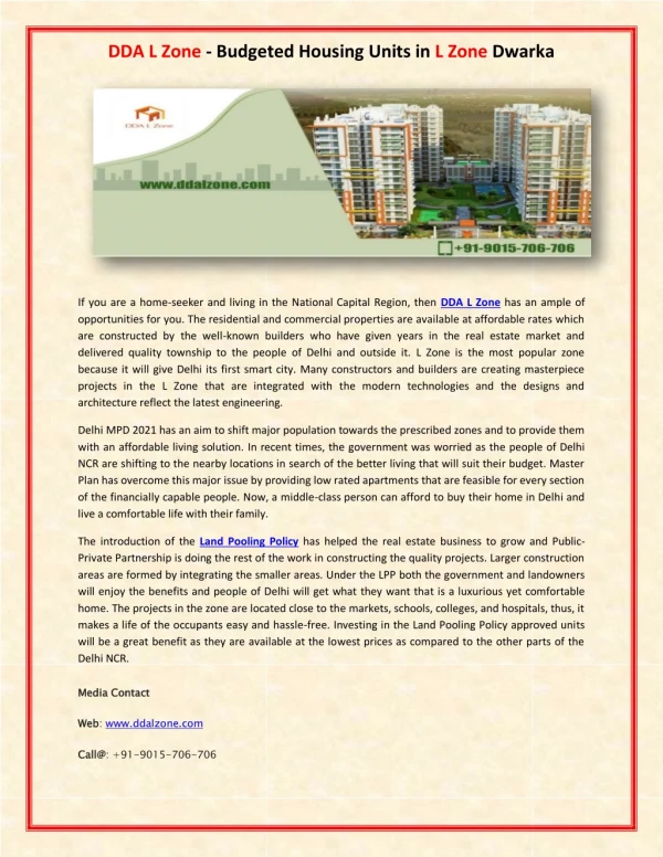 DDA L Zone - Budgeted Housing Units in L Zone Dwarka