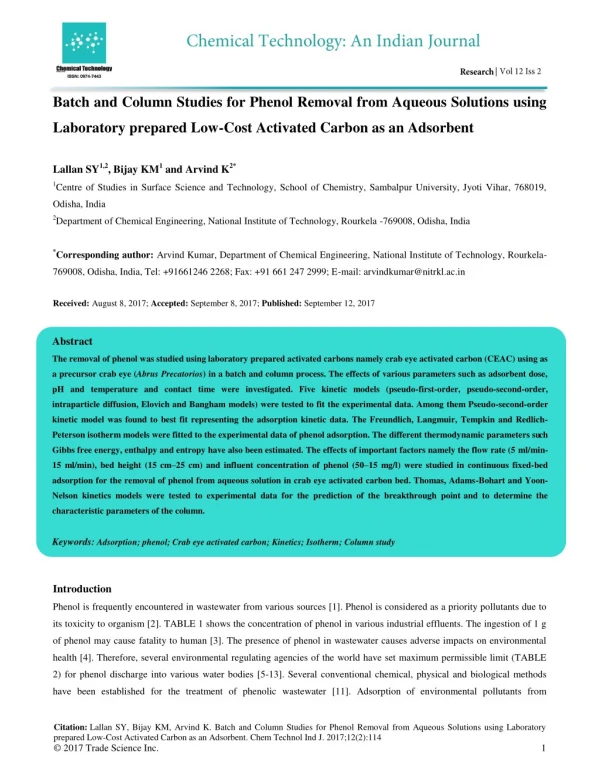 Batch and Column Studies for Phenol Removal from Aqueous Solutions using Laboratory prepared Low-Cost Activated Carbon a