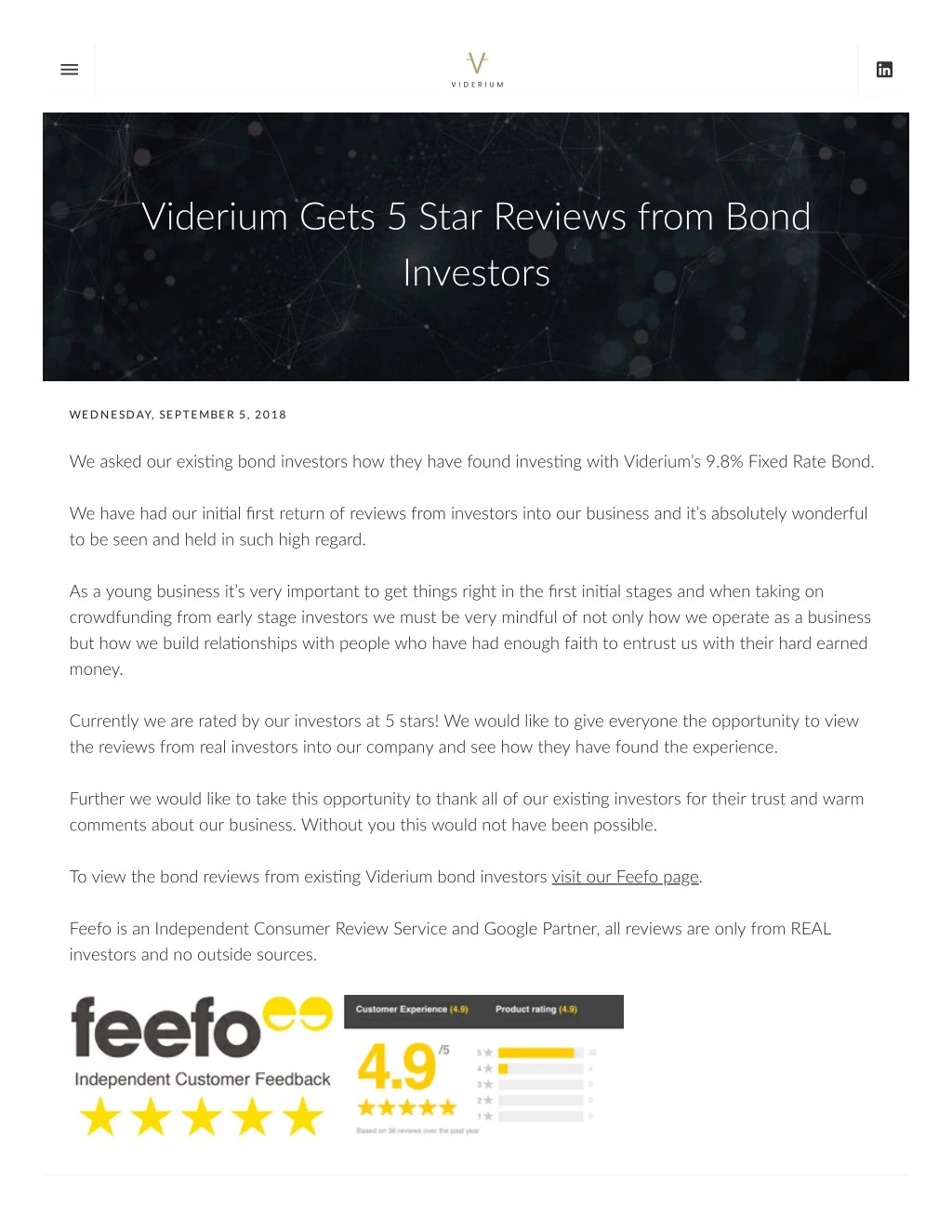 viderium gets 5 star reviews from bond investors