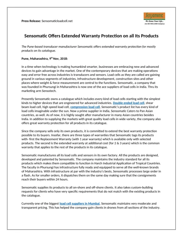 Sensomatic Offers Extended Warranty Protection on all Its Products