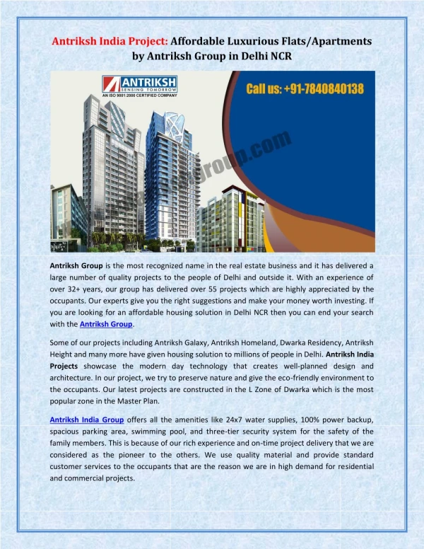 Antriksh India Project: Affordable Luxurious Flats/Apartments by Antriksh Group in Delhi NCR