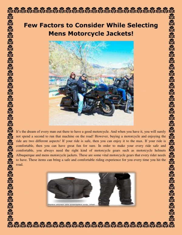 Few Factors to Consider While Selecting Mens Motorcycle Jackets!