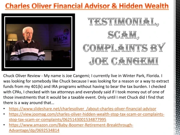 Testimonial, Scam, Complaints by Joe Cangemi - Charles Oliver Financial Advisor & Hidden Wealth